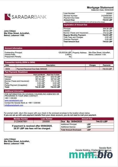 Liban Bank Saradar wyciąg z kredytu hipotecznego szablon Word i PDF